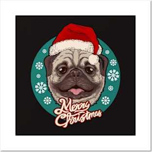 Cute Christmas Pug with Santa Hat Posters and Art